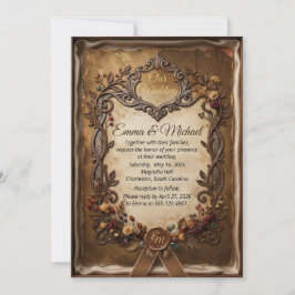 Convites Papel Pergaminho Vintage Bronze Floral Outono Rúst