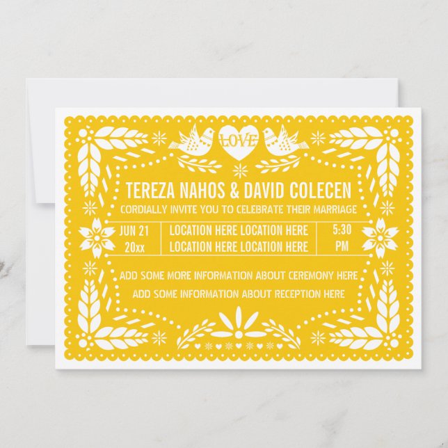 Convites Papel picado amor aves casamento amarelo (Frente)
