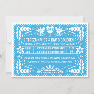 Convites Papel picado amor pássaros casamento azul