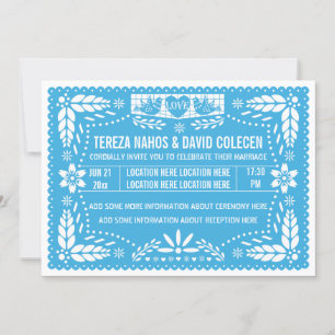 Convites Papel picado amor pássaros casamento azul