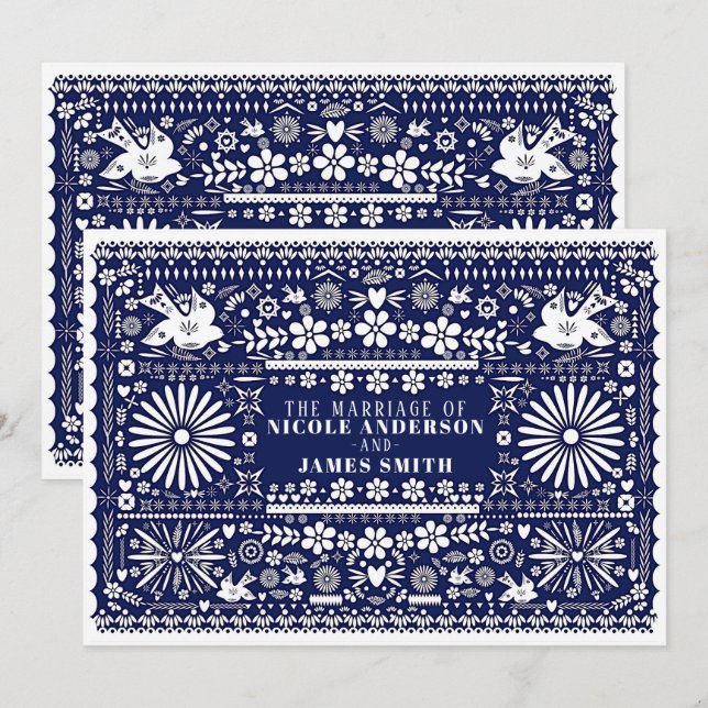 Convites Papel Picado Azul Branco Casamento Mexicano (Frente/Verso)