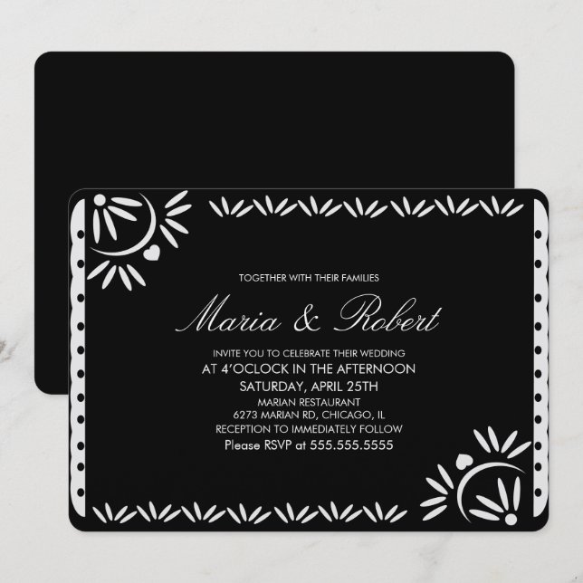 Convites Papel Picado Botânico Mexicano Casamento Preto (Frente/Verso)