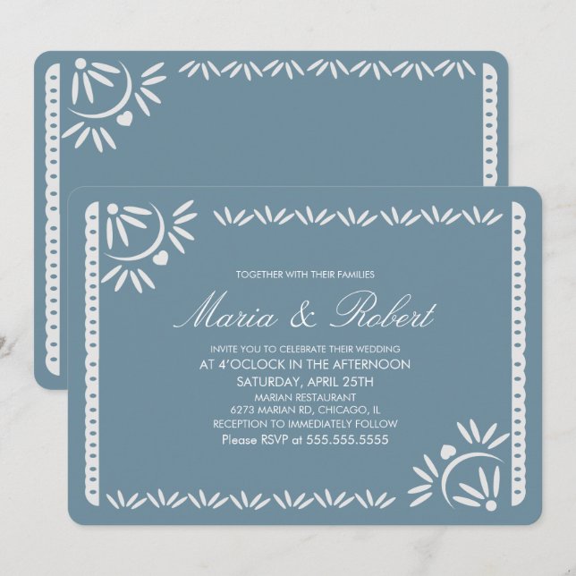 Convites Papel Picado Botânico Mexicano Casamento Rosa Azul (Frente/Verso)