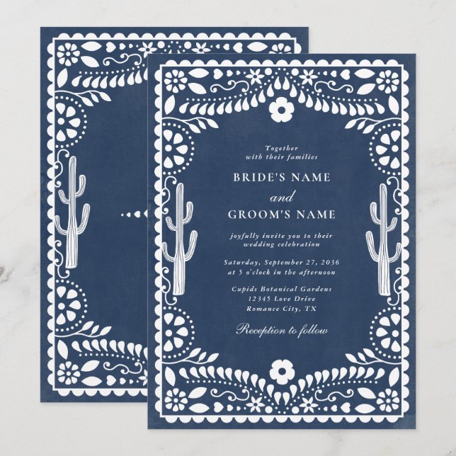Convites Papel Picado Casamento Mexicano Rústico Azul Casam (Frente/Verso)