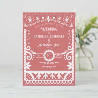 Convites Papel Picado Coral Pink & White Wedding Invitation