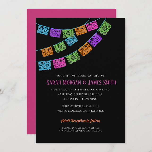Convites Papel Picado Destination Wedding Fiesta (Frente/Verso)