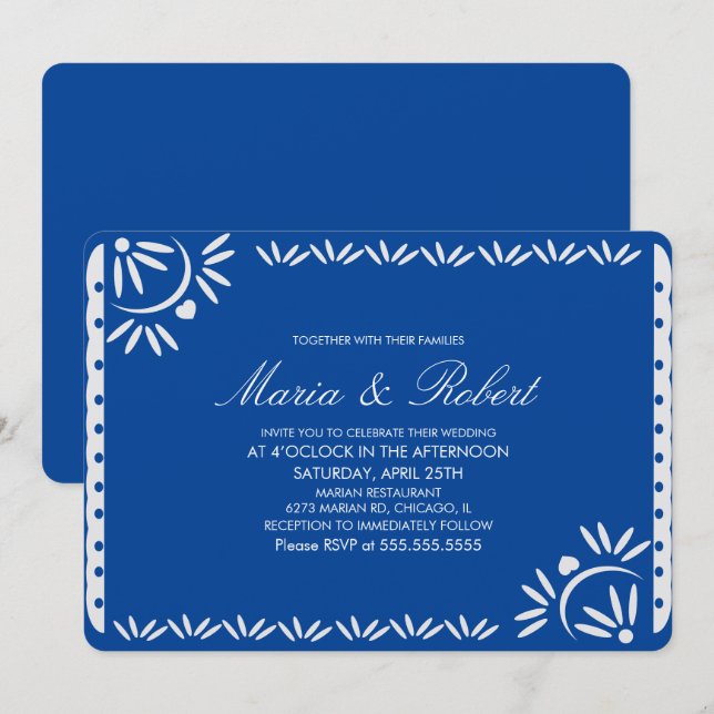 Convites Papel Picado Mexicano Casamento Botânico Blue (Frente/Verso)