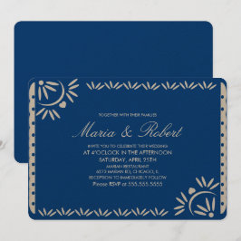 Convites Papel Picado Mexicano Casamento Botânico Blue