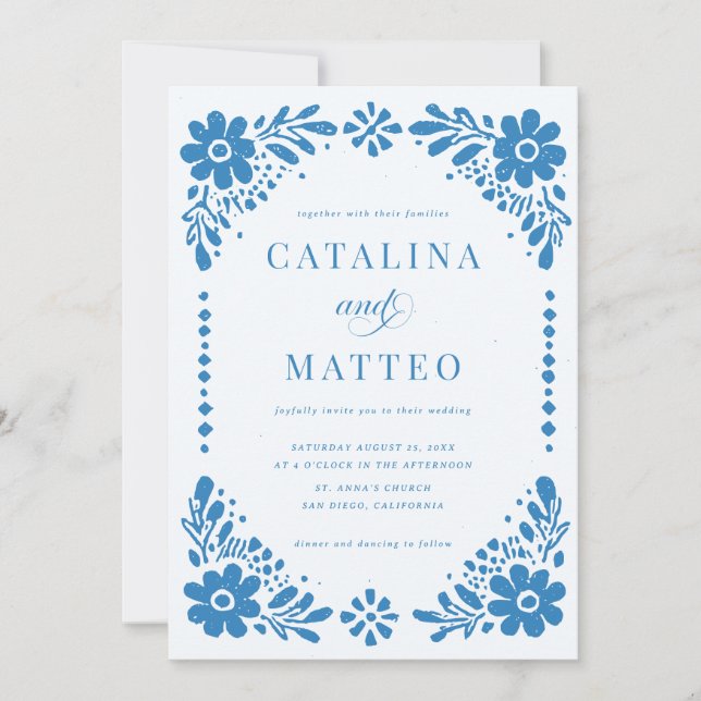 Convites Papel Picado Mexicano Desenhado à Mão Azul Boho Ca (Frente)
