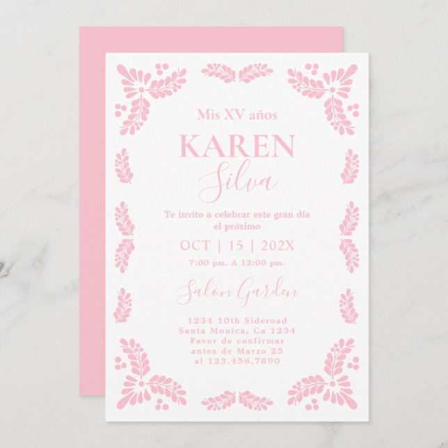 Convites Papel Picado Pink Quinceanera (Frente/Verso)