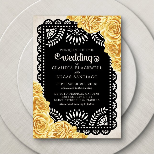 Convites Papel Picado Rosa Casamento Negro Amarelo (Criador carregado)