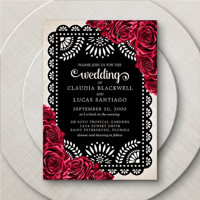 Convites Papel Picado Rosa Casamento Negro Vermelho (Criador carregado)