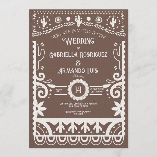 Convites Papel Picado Rustic Brown & White Wedding  (Frente)