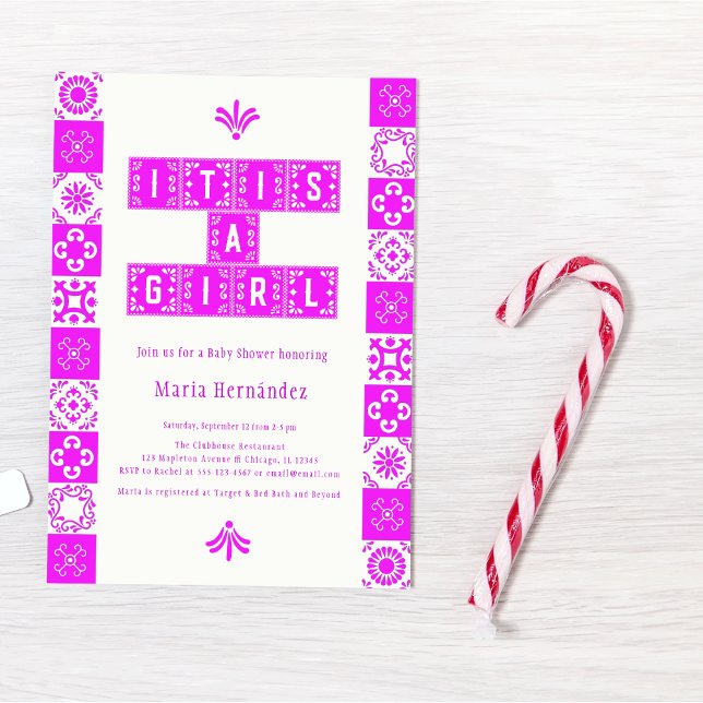 Convites Papel rosa Picado Fiesta É um Chá de fraldas femin (Criador carregado)