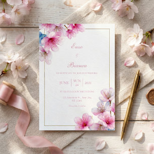 Convites Papel Texturizado Sakura Rosa Quadro Dourado Casam