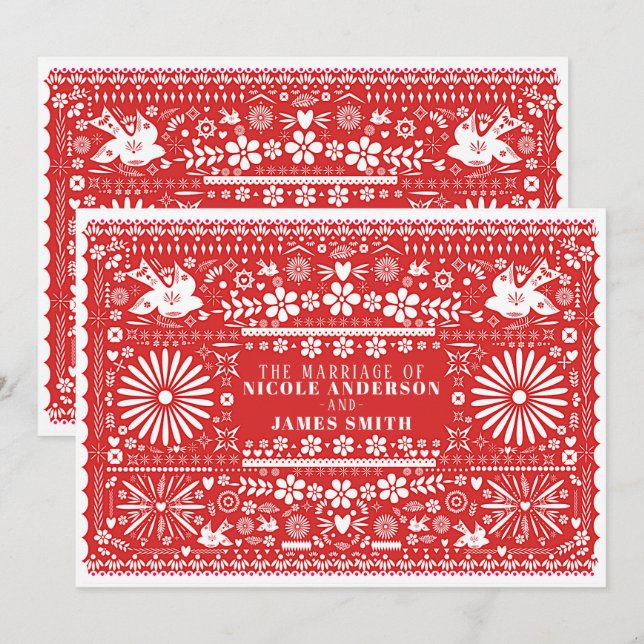 Convites Papel Vermelho e Branco Casamento Mexicano Picado (Frente/Verso)