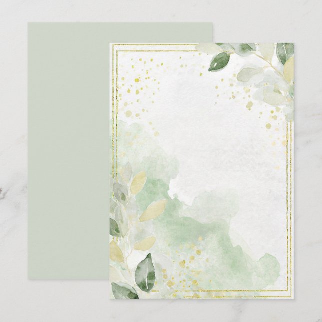 Convites Papelaria de casamento em aquarela verde e dourado (Frente/Verso)