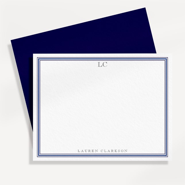 Convites Papelaria de Nota com Monograma de Borda Azul Mari (Criador carregado)