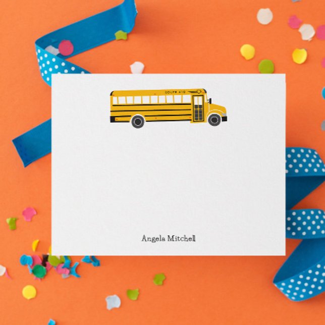 Convites Papelaria Pessoal de Ônibus Escolar Amarelo (fun personalized yellow school bus flat note card stationery with custom name and route number)