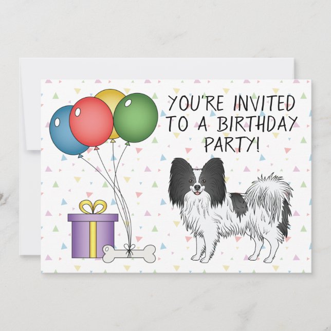 Convites Papillon Preto e Branco Cachorro Fofo - Aniversári (Frente)