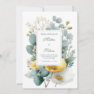 Convites Papoula Amarela Elegante Eucalipto Branco Aquarela