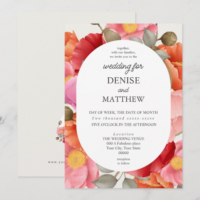 Convites Papoula em Aquarela sobre Fundo Branco Neve (Frente/Verso)