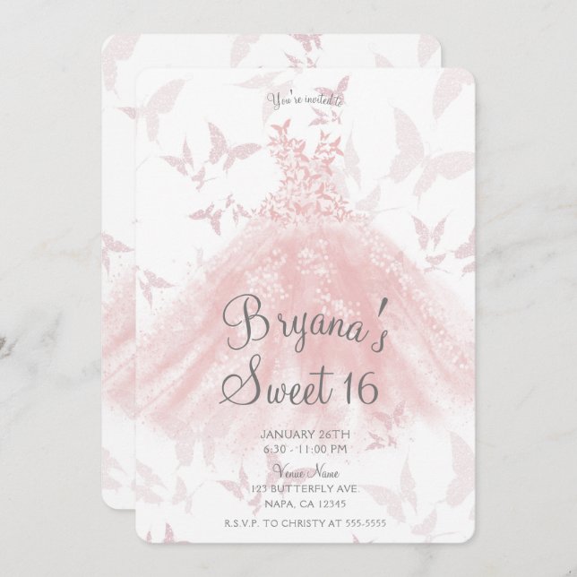 Convites Paquy Pink Butterfly Dance Dance Dress Doce 16 Fes (Frente/Verso)