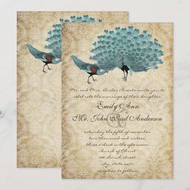 Convites Par Perfeito Aqua Damask Peacock Elegância Envelhe (Frente/Verso)