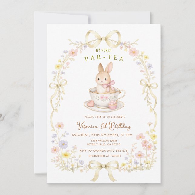 Convites Par-Tea Bunny 1º aniversário flor silvestre  (Frente)