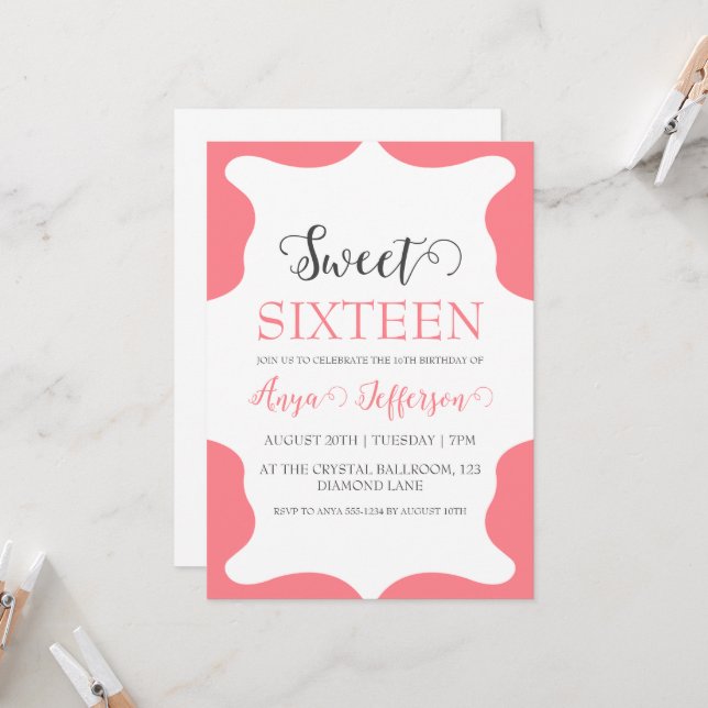 convites para 16 anos, cor-de-rosa, modernos (Frente/Verso In Situ)