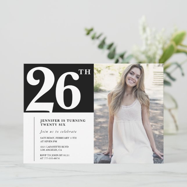 Convites para 26 anos de Foto Chic Preta (Em pé/Frente)