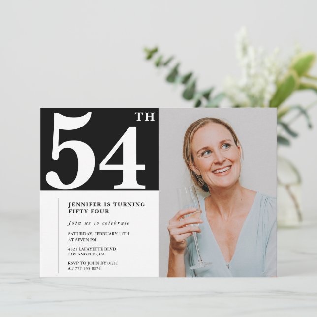 Convites para 54 anos de Foto Branca e Preta (Em pé/Frente)