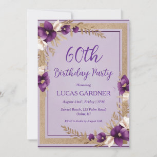 convites para 60 anos, roxo e ouro