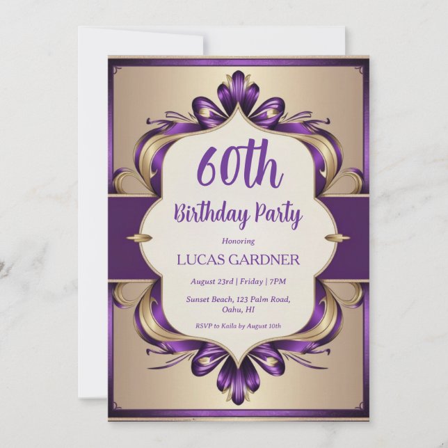 convites para 60 anos, roxo e ouro (Frente)
