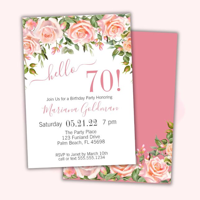 Convites para 70º Aniversário Pink Floral Moderno  (Criador carregado)