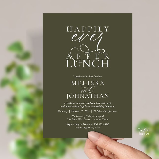Convites para Almoço de Casamento, Felizes para Se (Wedding Lunch Invites, Elegant Happily Ever After Invitation Card in Olive Green)