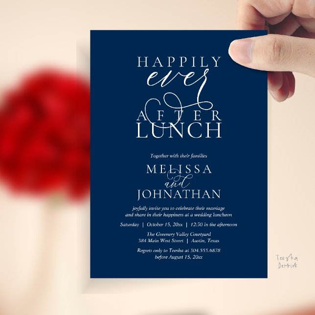 Convites para Almoço de Casamento, Felizes para Se (Wedding Lunch Invites, Elegant Happily Ever After Invitation Card in Navy Blue)