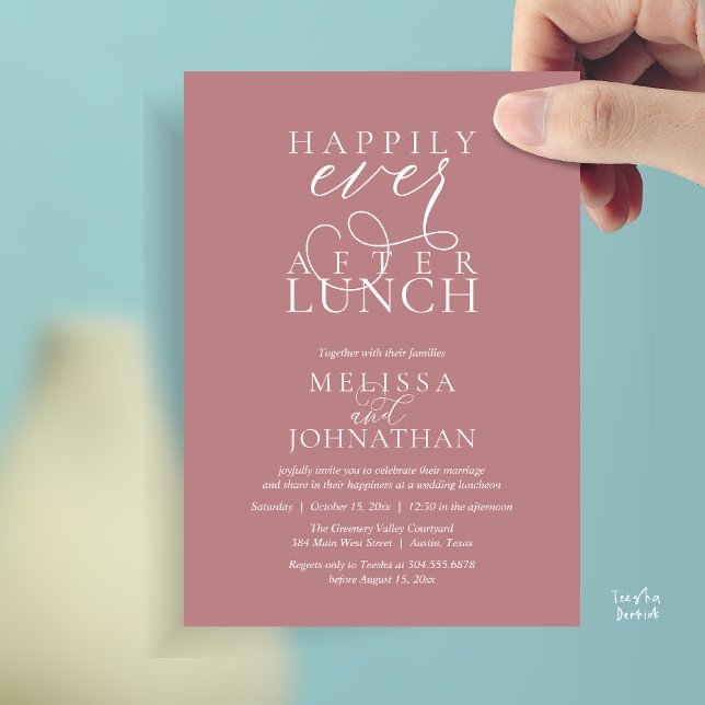 Convites para Almoço de Casamento, Felizes para Se (Wedding Lunch Invites, Elegant Happily Ever After Invitation Card in Dusty Rose Pink)