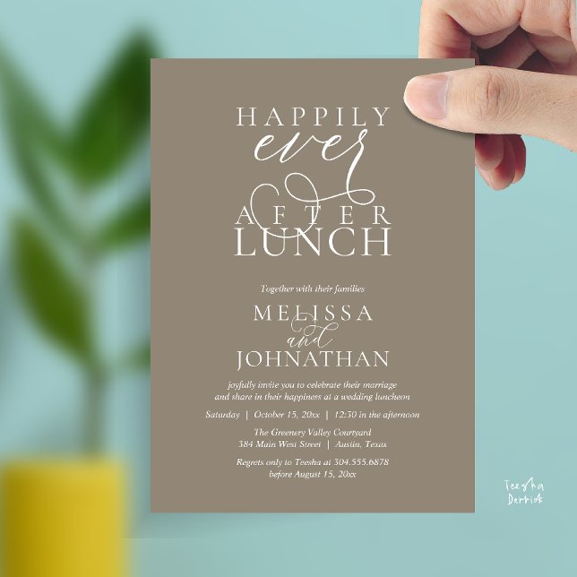 Convites para Almoço de Casamento, Felizes para Se (Wedding Lunch Invites, Elegant Happily Ever After Invitation Card in Warm Taupe)