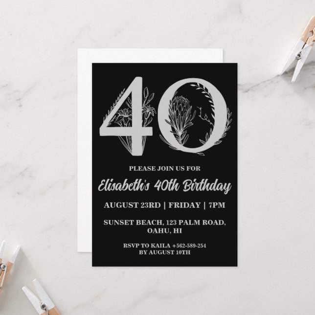 convites para aniversário de 40 anos florais moder (Frente/Verso In Situ)