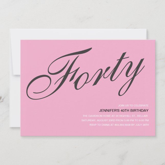 Convites para aniversário de 40 anos preto e rosa (Frente)