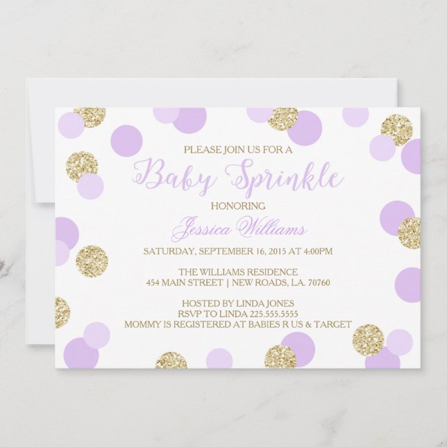 Convites para aspersão de bebês com brilho roxo e  (Frente)