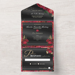 Convites para Baratos de Quinceañera Preto e Verme