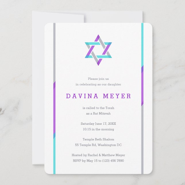 Convites para Bat Mitzvah Moderno | Roxo + Teto (Frente)