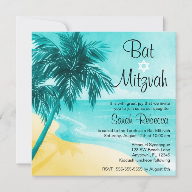 Convites para Bat Mitzvah na praia tropical (Frente)