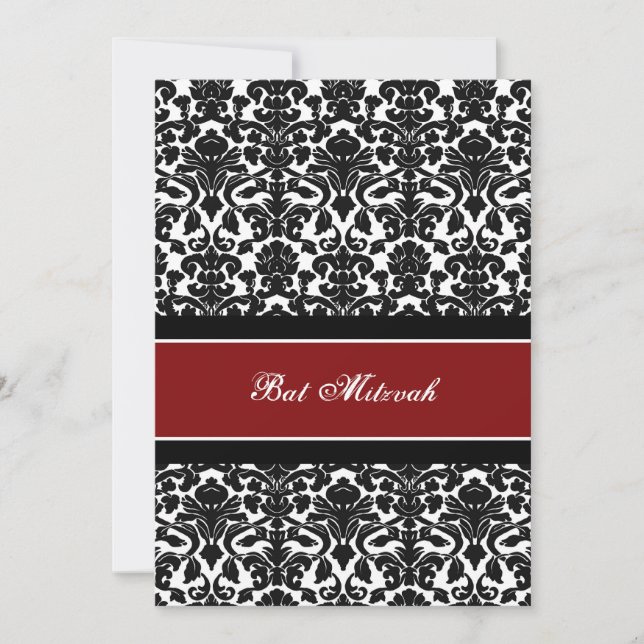 Convites para Bat Mitzvah Red Damask (Frente)