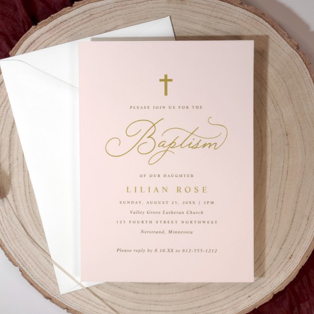Convites para Batismo Cruzado - Menina Rosa (Light pink girl’s baptism invitation with gold script and cross—elegant and personalized.)