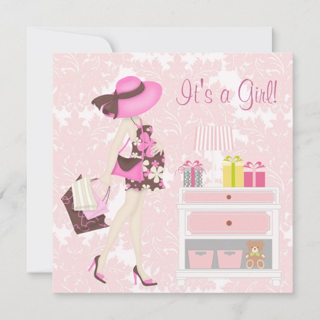 Convites para Bebê, Damasco Rosa Elegante (Frente)