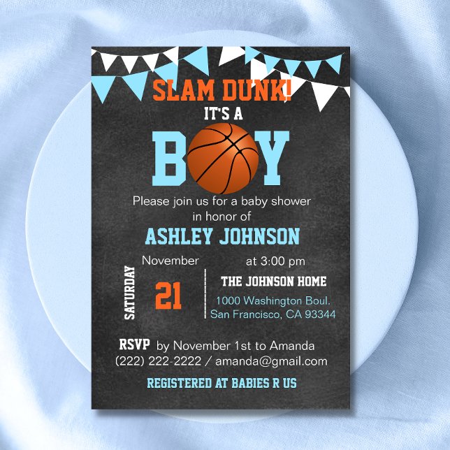 Convites para Bebê De Basquete De Blue Boy Persona (Custom Blue Boy Basketball Baby Shower Invitations)