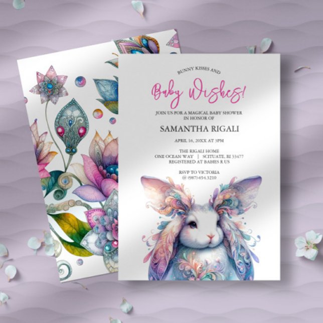 Convites para Bebê Mágico (spring baby shower invitations features pastel watercolor bunny and ornate floral design.)